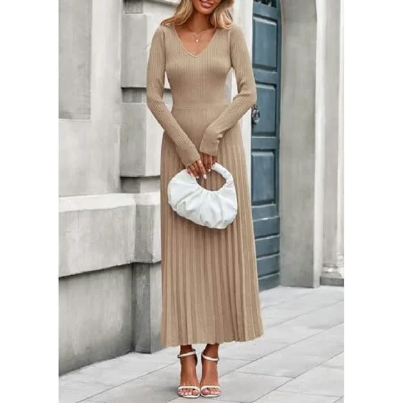 Ribbed Knit Sweater Dress Long Sleeve V Neck A Line Maxi Winter
